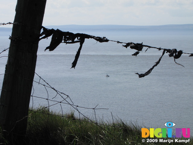 SX05156 Little fishing boat through black plastic hanging from barbed wire